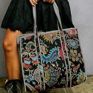 POL Black Kantha quilted patchwork floral embroidered XL boho tote bag